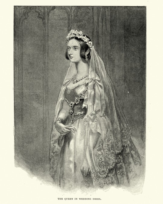 Une gravure de la reine Victoria dans sa tenue de mariage