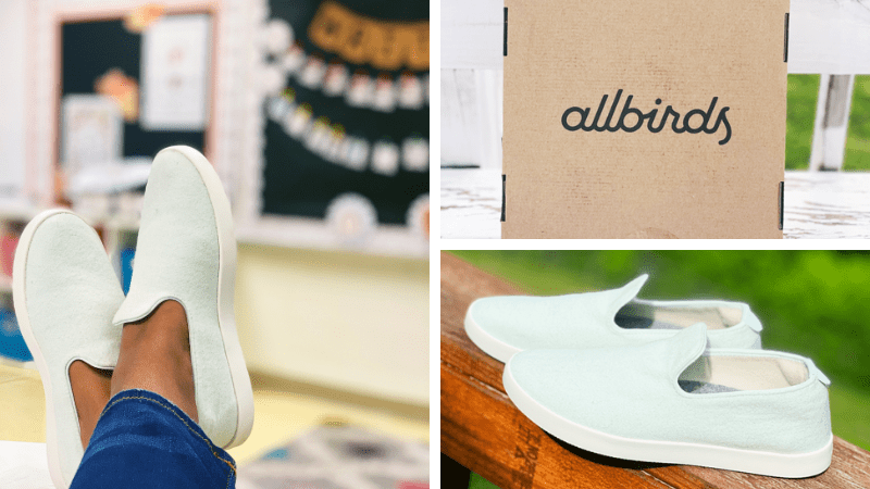Collage avec une femme portant Allbirds avec les pieds sur le bureau avec la salle de classe en arrière-plan, boîte à chaussures Allbirds, Allbirds Wool Loungers Review