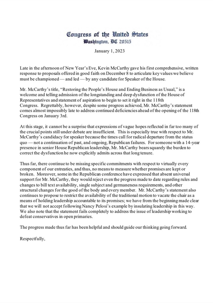 Texte d’une lettre de neuf républicains opposés à ce que le représentant Kevin McCarthy devienne président de la Chambre.